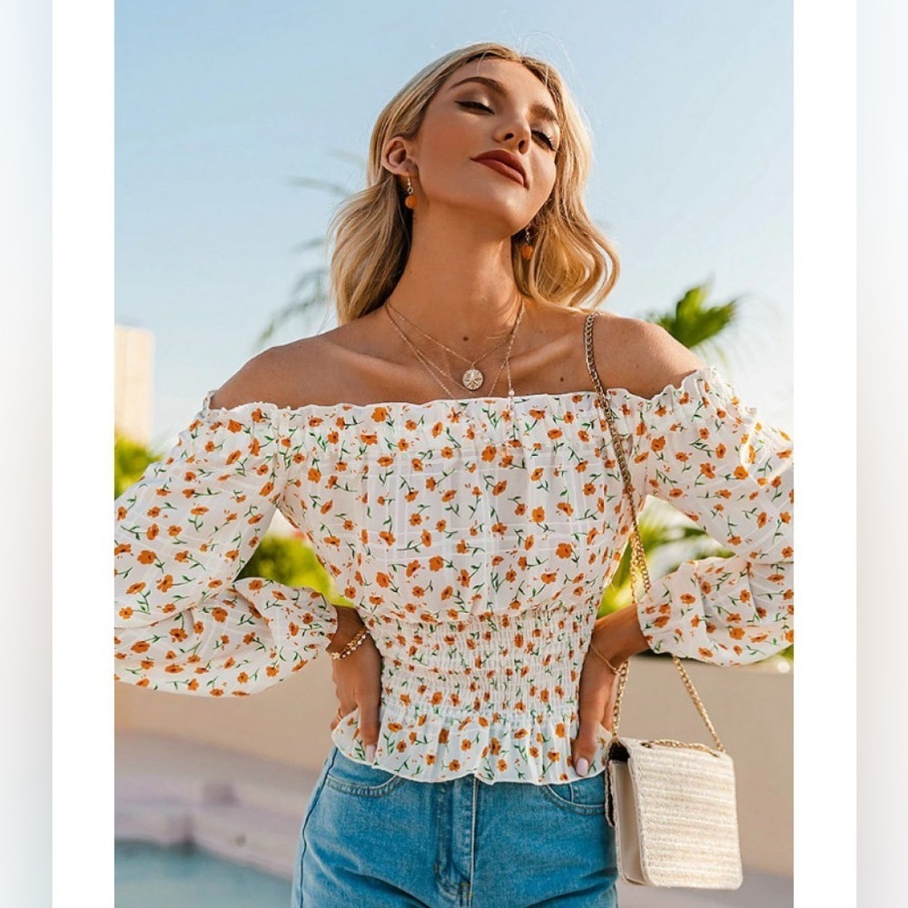 Petal + Pup Orange Floral Print Off-the-shoulder Smocked Peplum Blouse